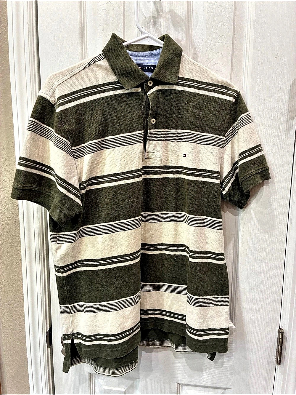 Tommy Hilfiger Striped Polo in Green & White Size Small Like New